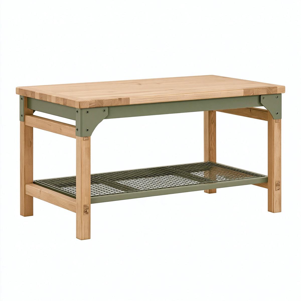 Établi 120 x 60 x 90 cm en bois naturel et métal vert olive avec étagère grillagée