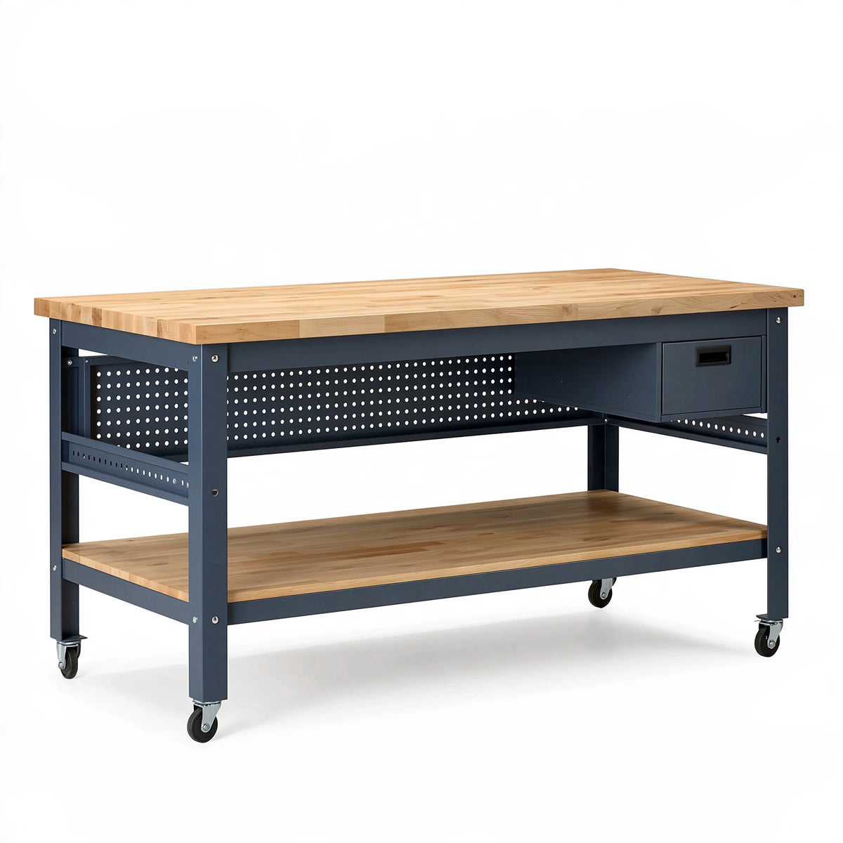 Établi mobile 152 x 61 x 91 cm en bois et acier bleu foncé avec tiroir et roulettes