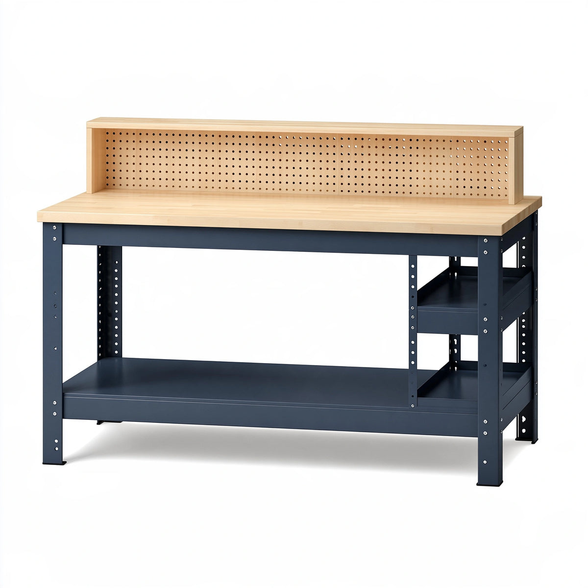 Établi 180 x 70 x 145 cm en bois et acier beige/noir avec panneau perforé et rangements