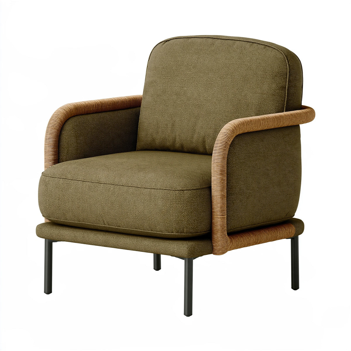 Fauteuil 78 x 75 x 85 cm en tissu vert kaki et fibres tressées style naturel